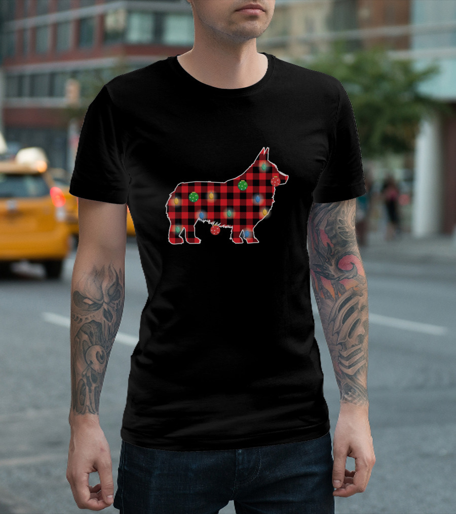 Merry Christmas Buffalo Plaid Corgi Puppies Dog with Festive Lights T-Shirt