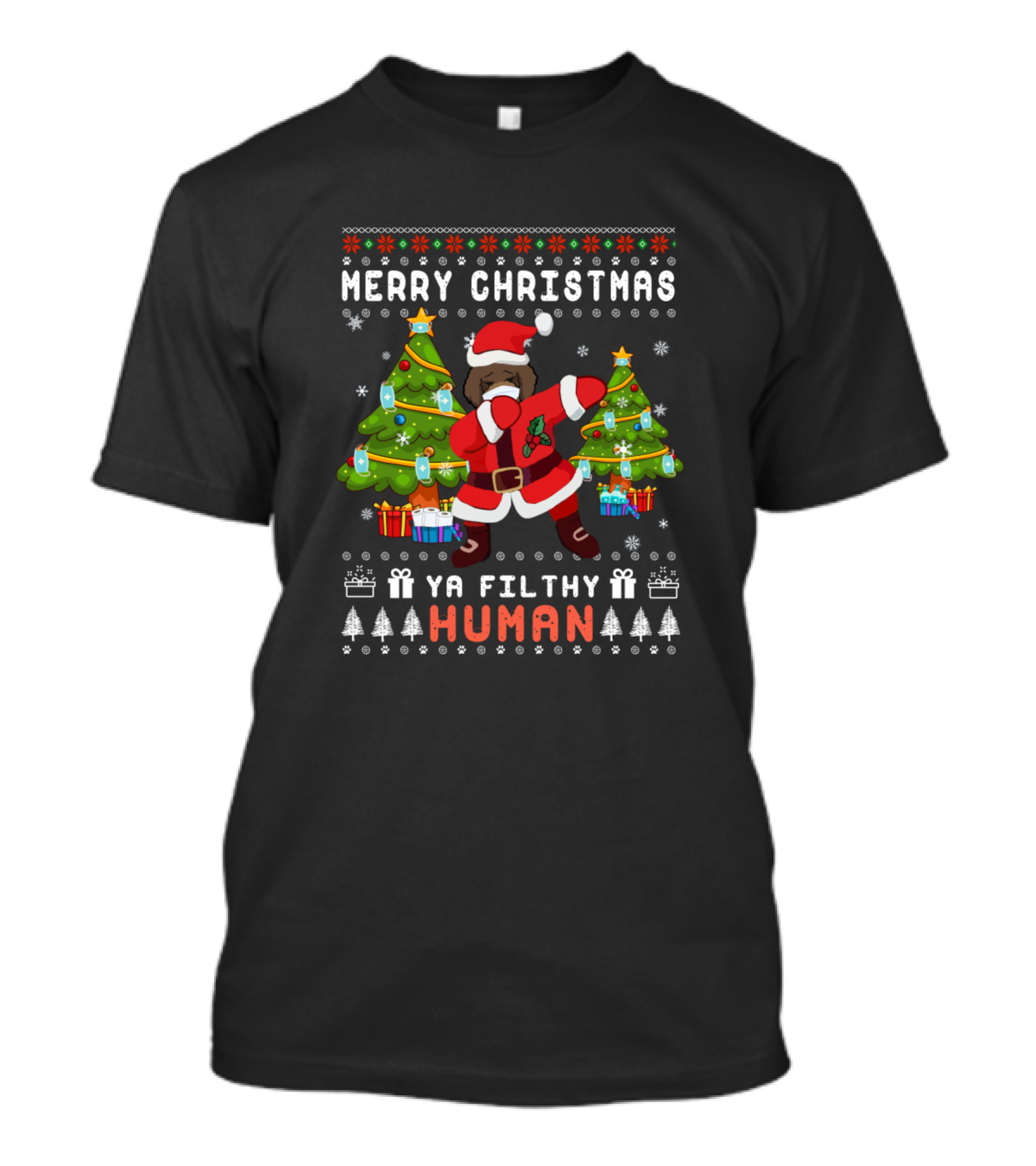 Merry Christmas Ya Filthy Human Spanish Water Dogs Santa Dabbing Christmas Trees And Presents T-Shirt
