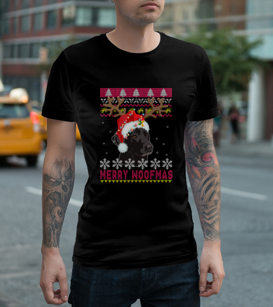 Merry Woofmas Flat Coated Retriever Antler Christmas Santa Hat Snowflakes T-Shirt