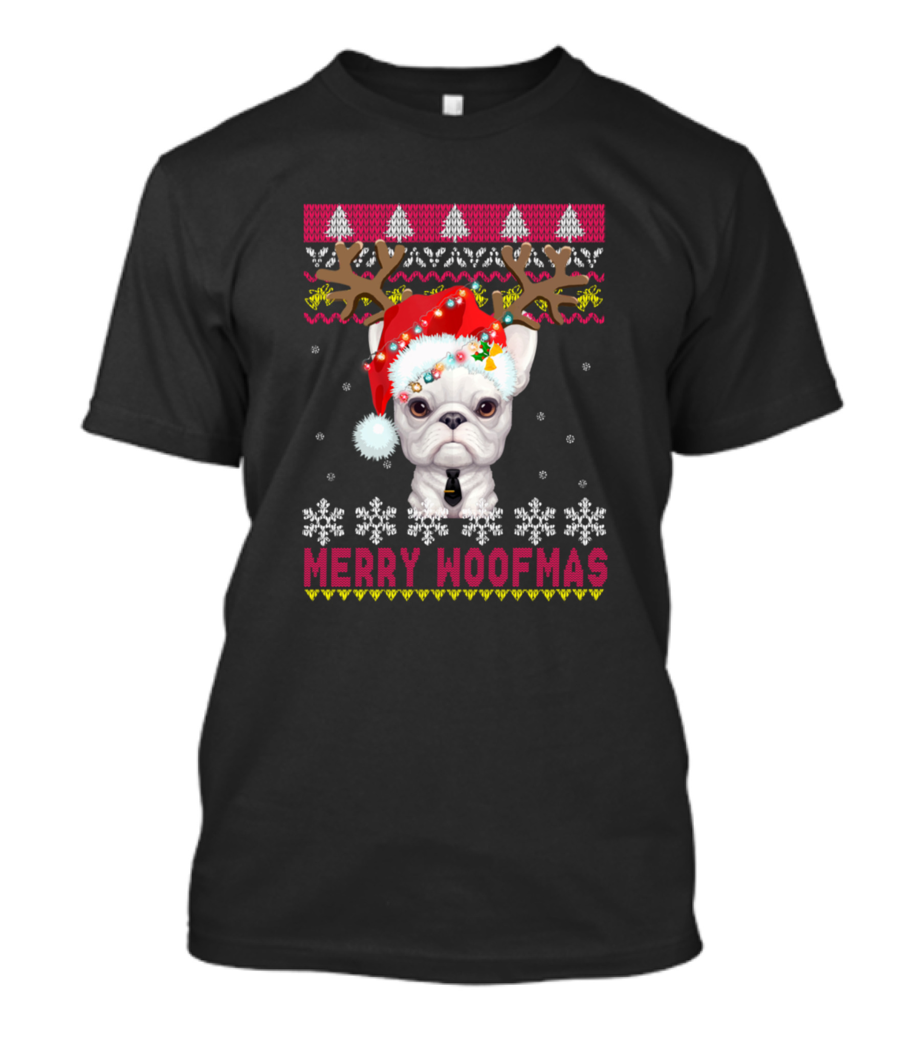 Merry Woofmas French Bulldog Ugly Christmas Sweater Santa Hat Antlers Snowflakes T-Shirt