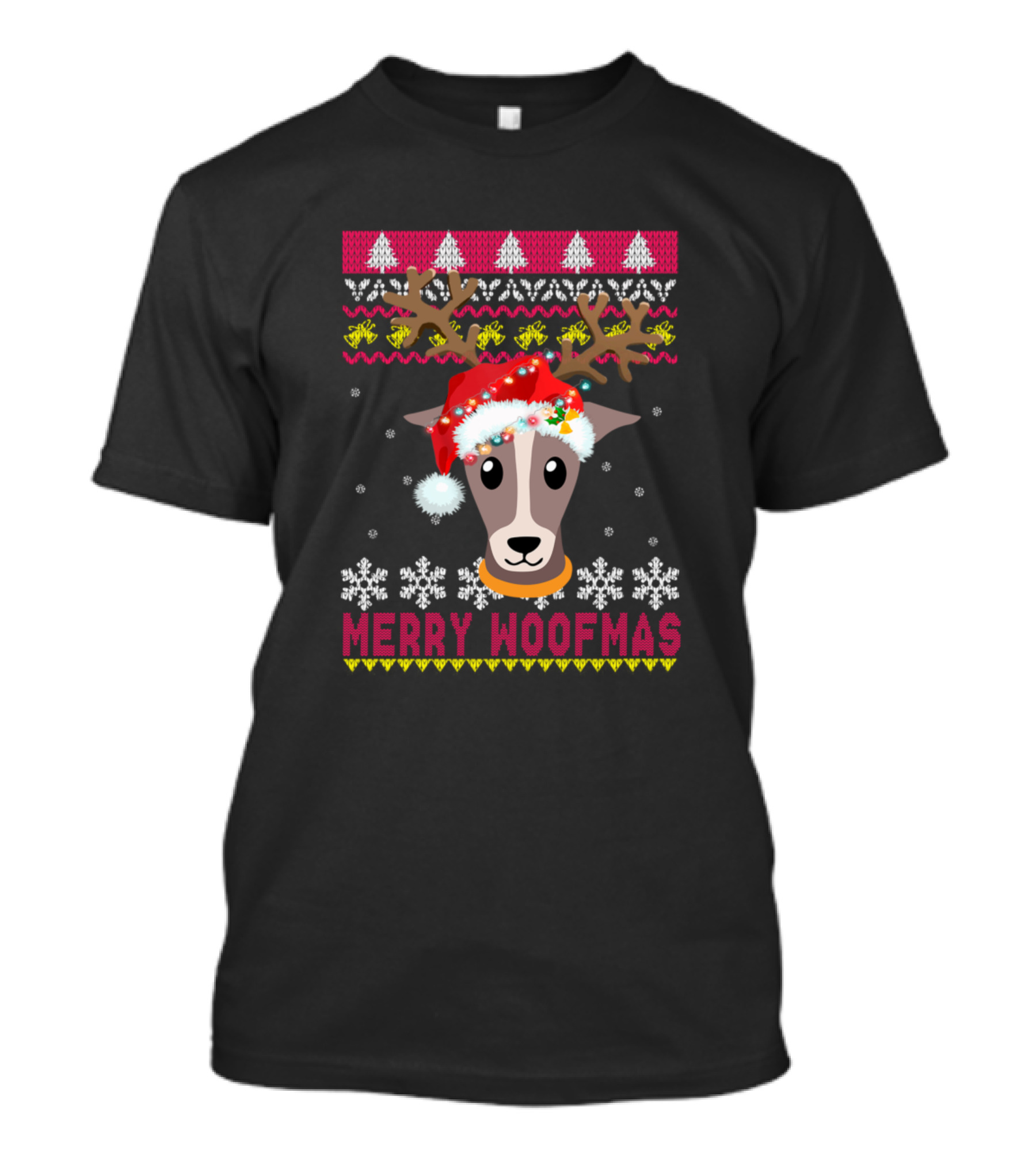Merry Woofmas Greyhound Santa Hat Reindeer Antlers Snowflakes Christmas T-Shirt