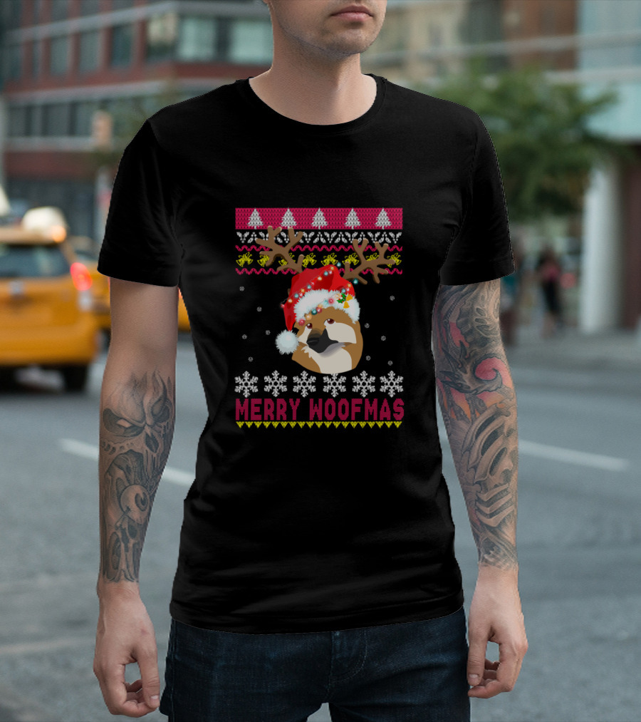 Merry Woofmas Icelandic Sheepdog Santa Hat Reindeer Antlers Holiday Snowflakes T-Shirt