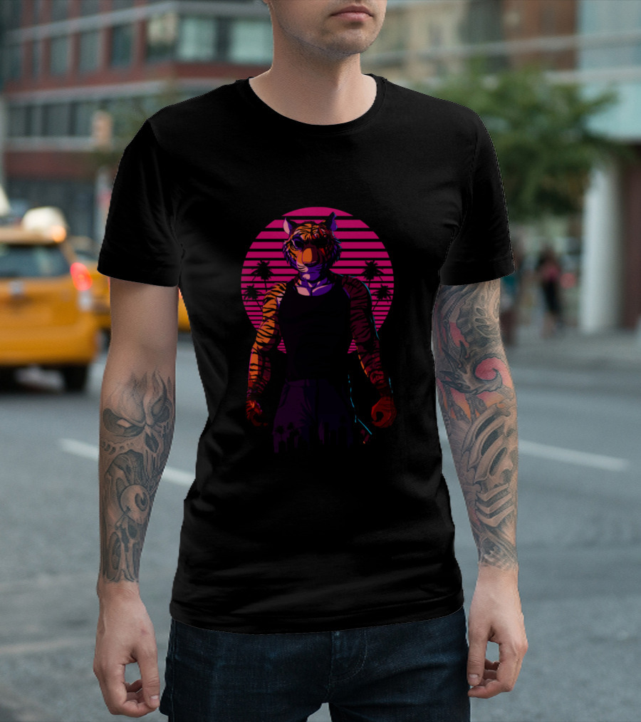 Midnight Animal Tiger Retro Sunset Palm T-Shirt