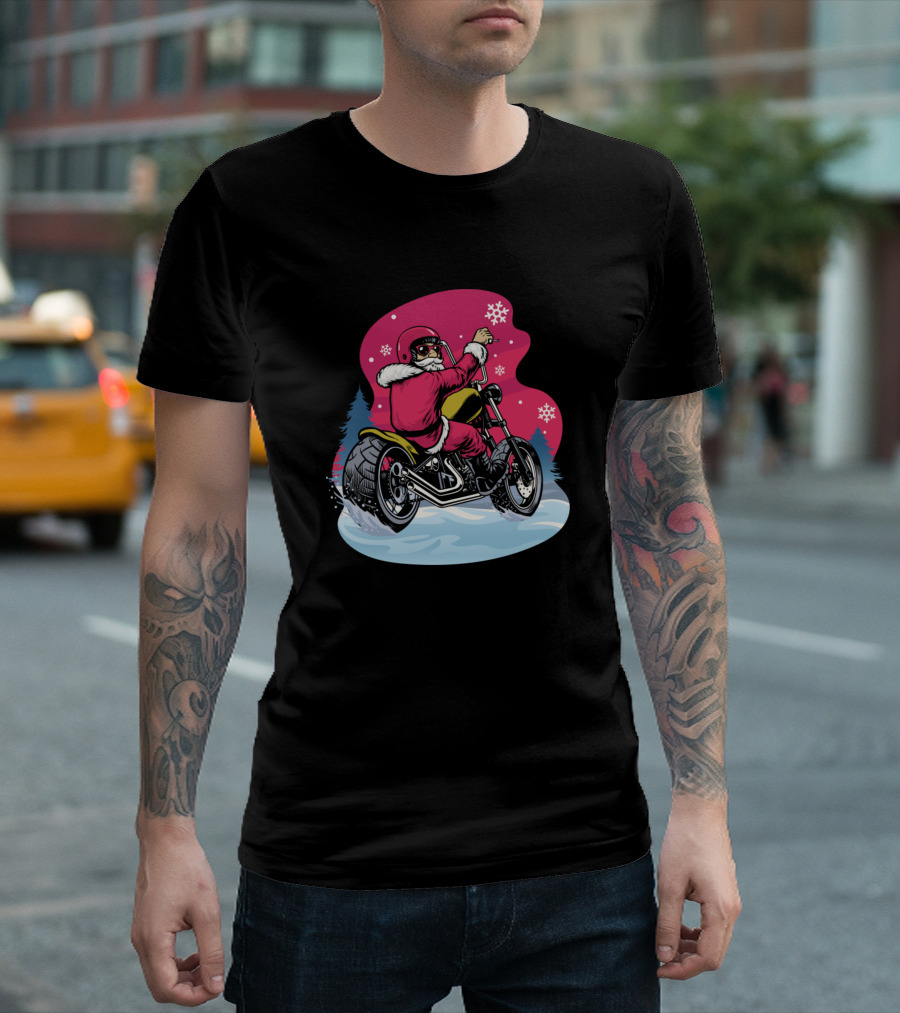 Santa Claus Riding Motorcycle In Winter Wonderland T-Shirt