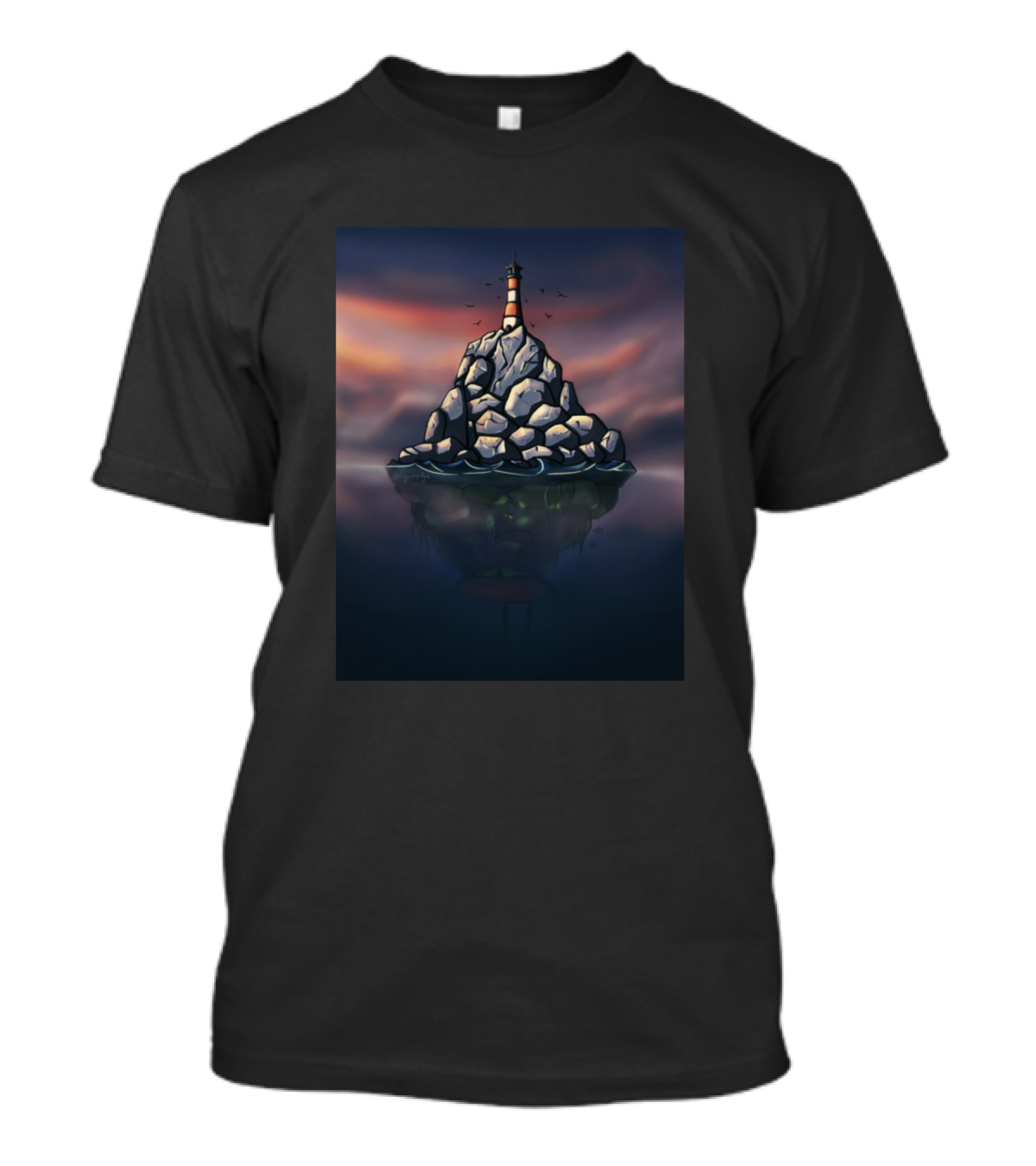 Mystical Lighthouse On Rocky Island With Dramatic Sky And Water Reflection T-Shirt