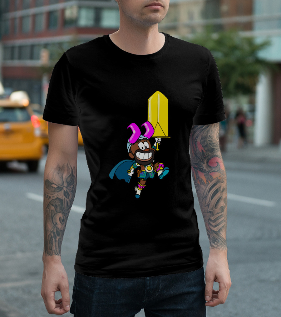 Neon Disco Viking with Yellow Sword and Pink Horns T-Shirt