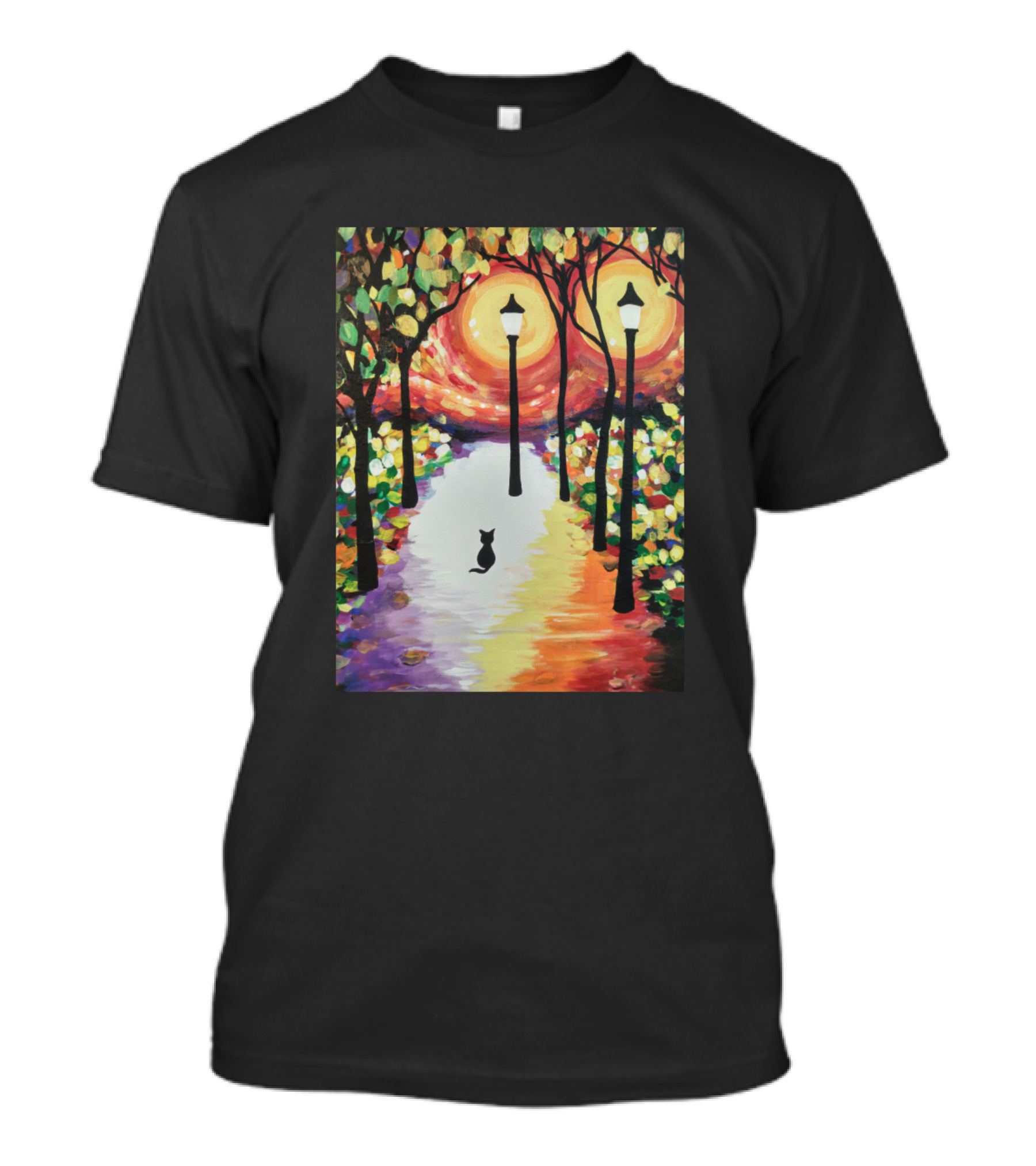 Stray Cat Under October Streetlights In Vibrant Autumn Colors T-Shirt