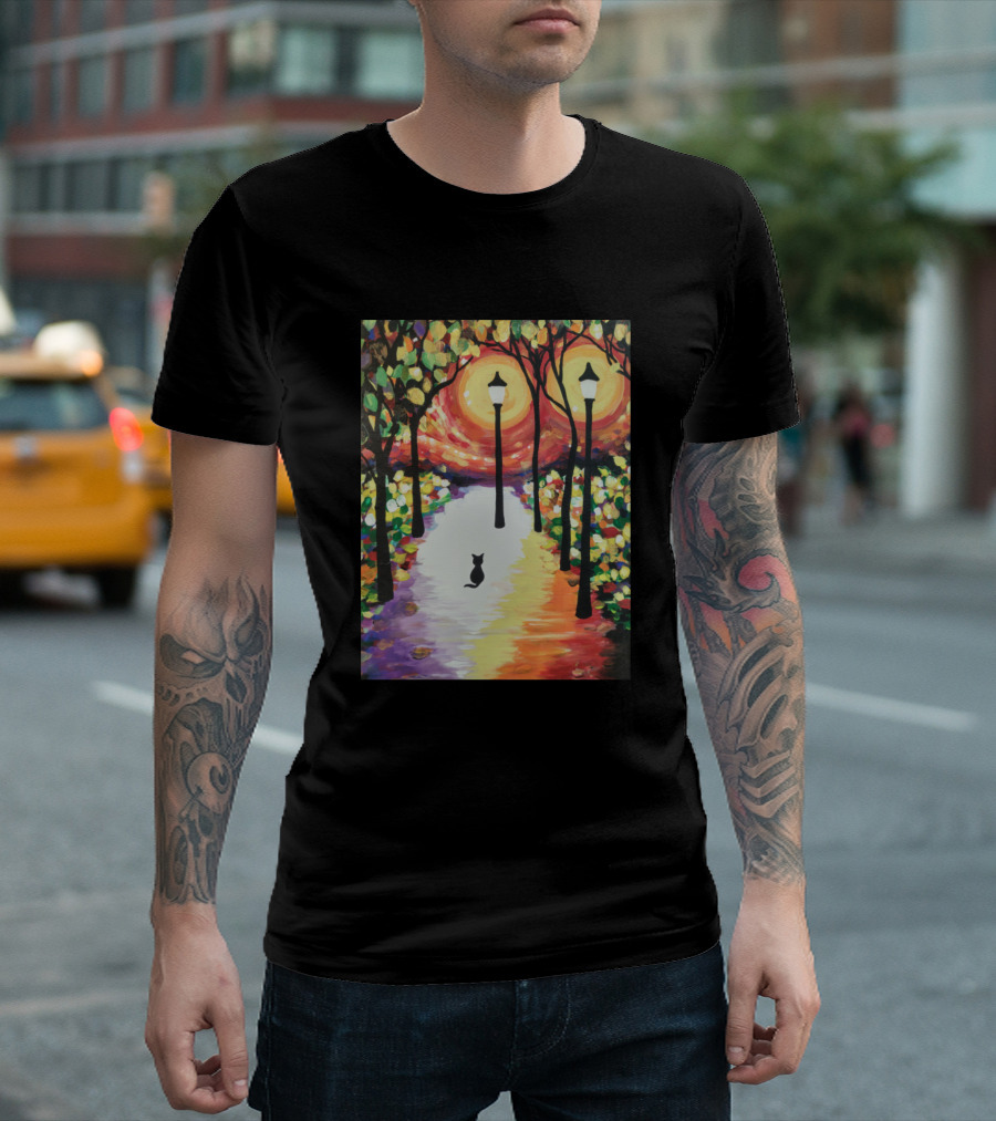 Stray Cat Under October Streetlights In Vibrant Autumn Colors T-Shirt