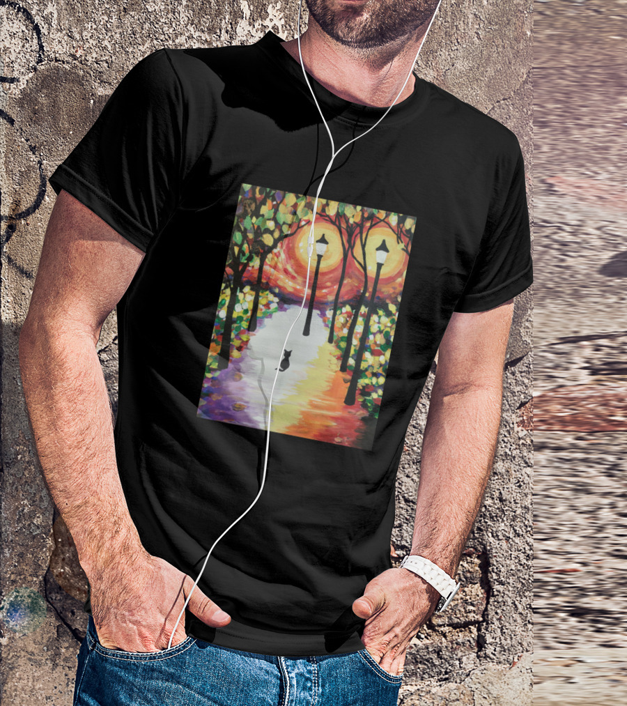 Stray Cat Under October Streetlights In Vibrant Autumn Colors T-Shirt