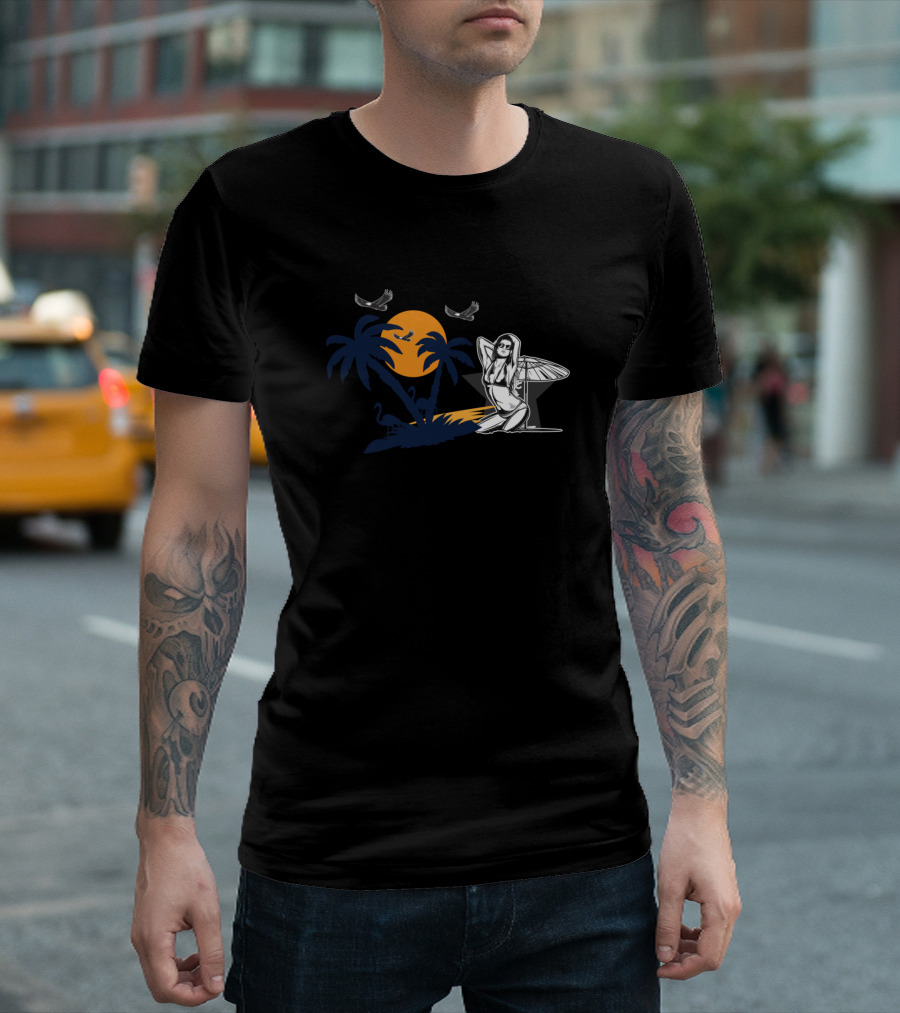 The Girl Under Palm Trees With Sunset And Birds In Paradise T-Shirt