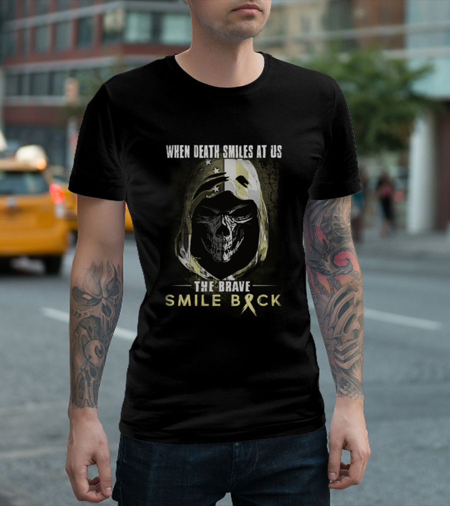When Death Smiles At Us The Brave Smile Back Skeleton Hooded Skull American Flag T-Shirt