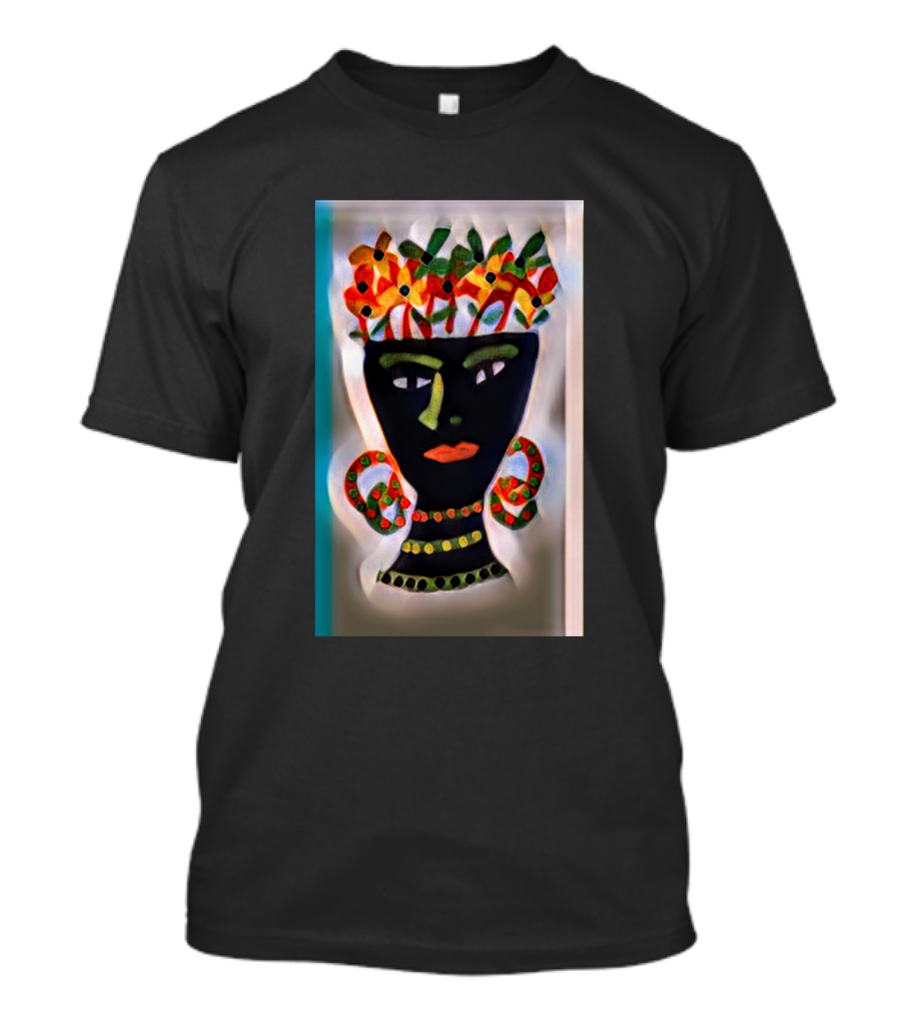 African Painting Colorful Face With Floral Headdress And Hoop Earrings T-Shirt