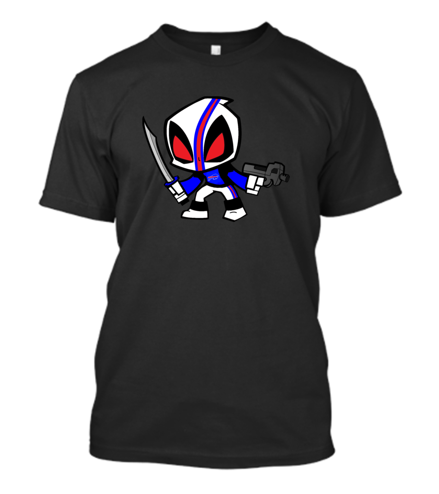 Bills Anti Hero Cartoon Character With Sword And Gun In Blue T-Shirt