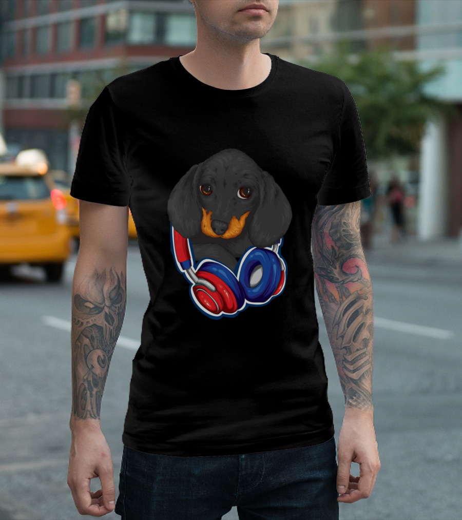 Dog With Headphones Red and Blue T-Shirt