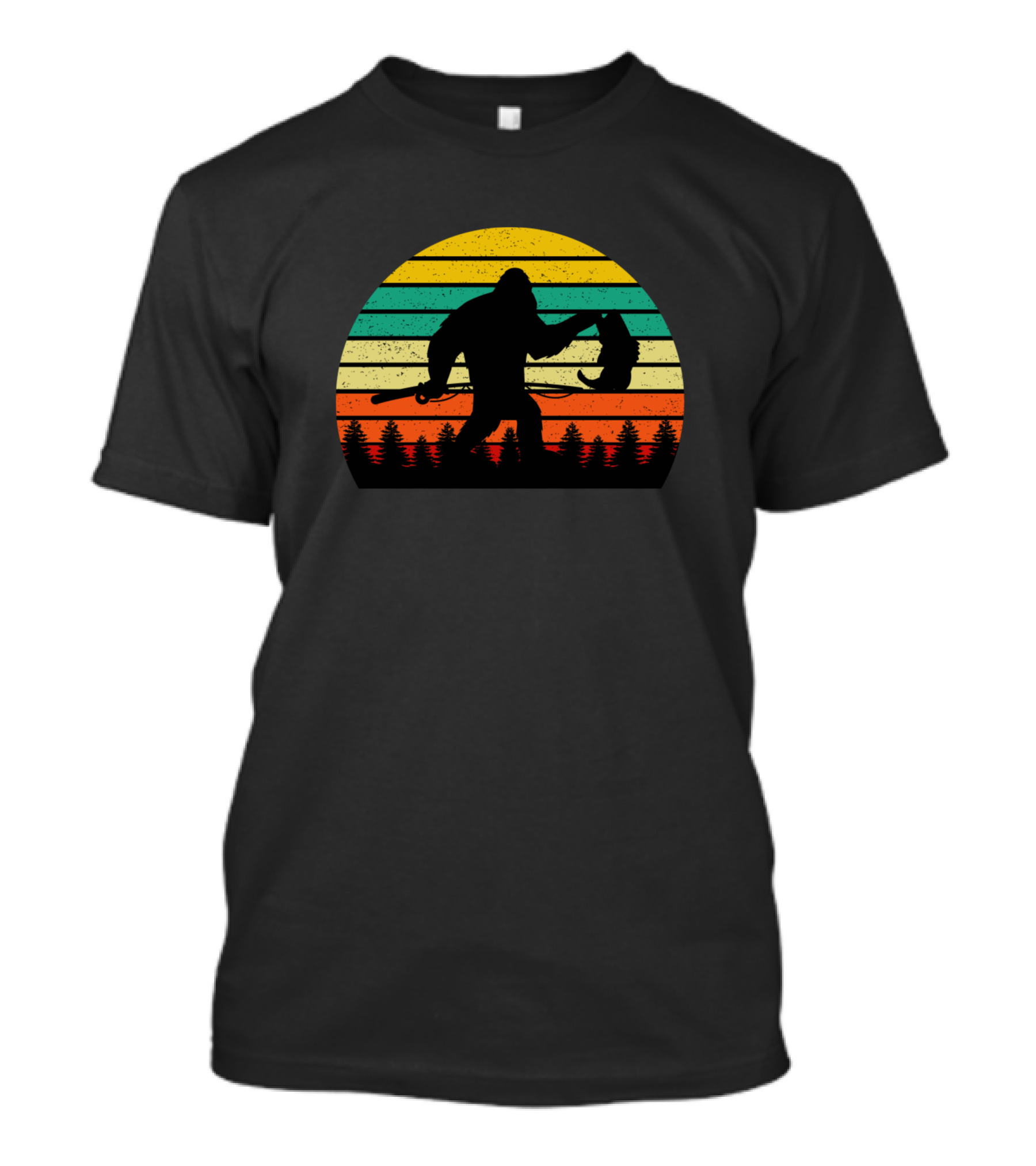Bigfoot Sasquatch Retro Sunset Fishing Adventure T-Shirt