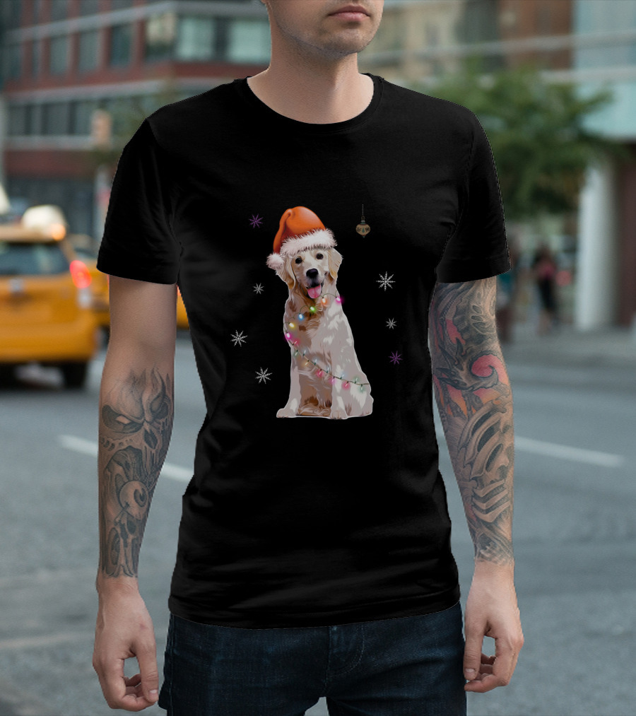 Santa Hat Dog With Christmas Lights And Snowflakes T-Shirt