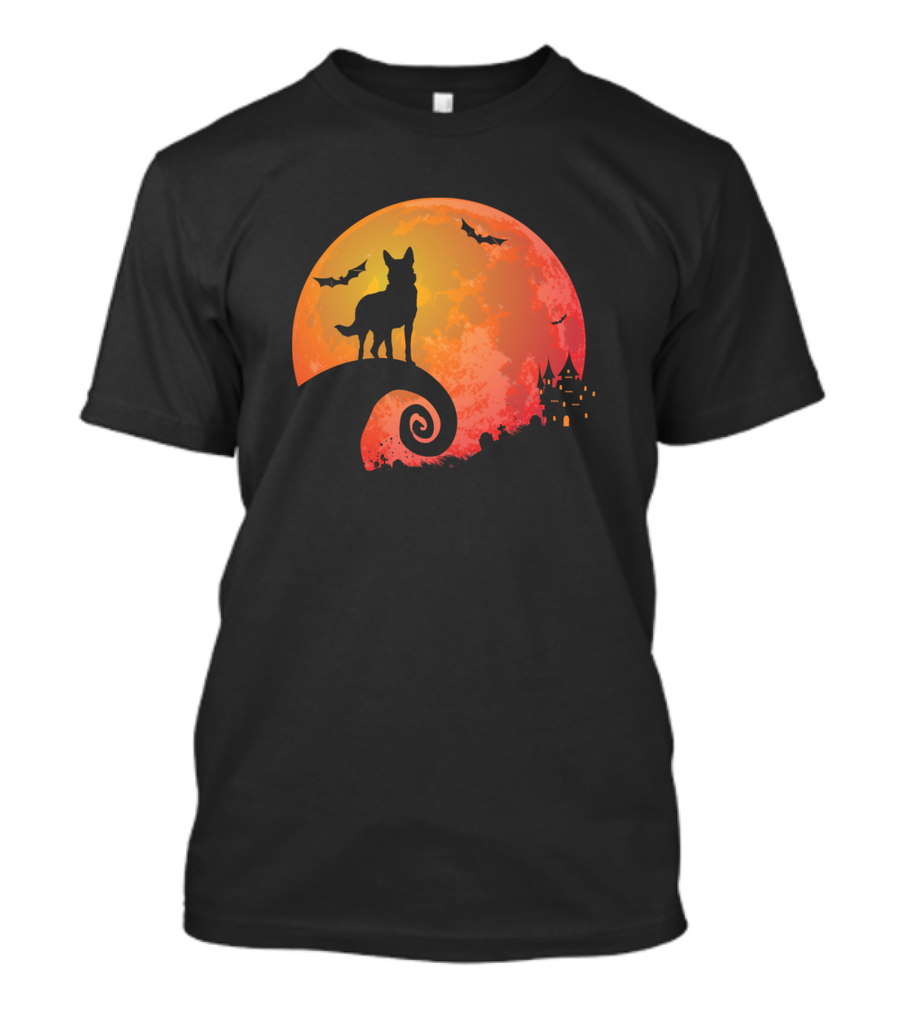 German Shepherd Full Moon Halloween Scene With Bats And Spooky Castle T-Shirt