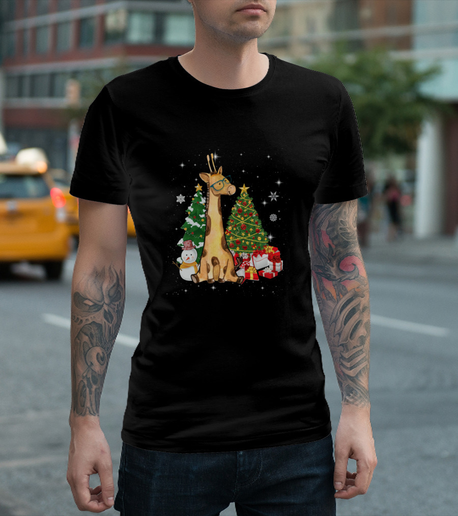 Giraffe Near Christmas Tree with Gifts and Snowman for Funny Giraffe Lover T-Shirt