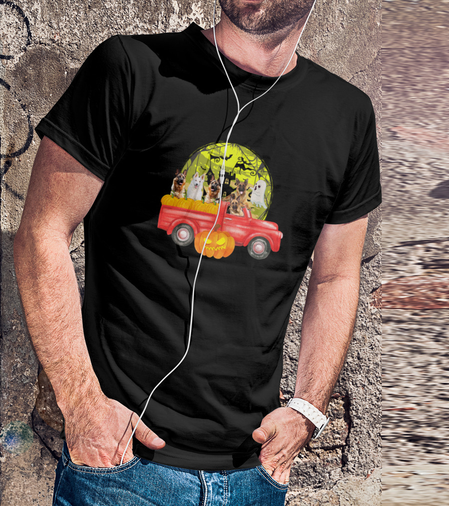 Halloween German Shepherds In Pumpkin Truck With Ghost And Haunted Castle T-Shirt