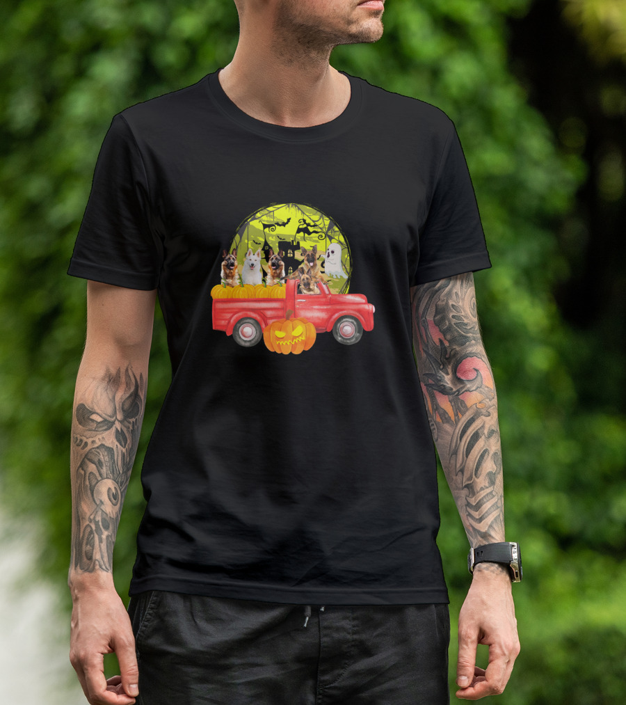 Halloween German Shepherds In Pumpkin Truck With Ghost And Haunted Castle T-Shirt
