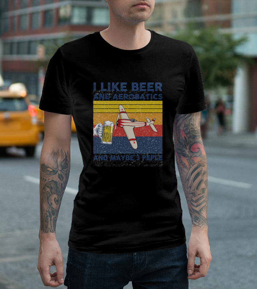 I Like Beer Aerobatics Maybe 3 Peple Vintage Airplane Beer Mug Retro Stripes T-Shirt