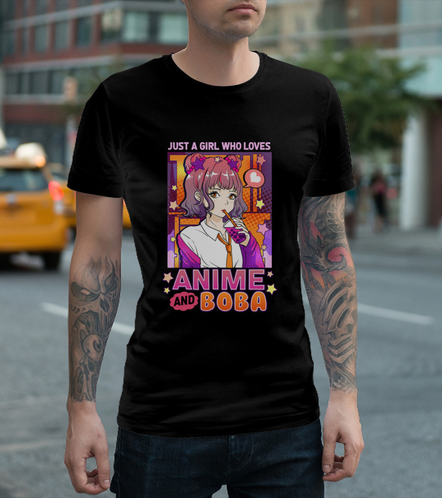 Just A Girl Who Loves Anime And Boba With Colorful Manga Style Girl Drinking Bubble Tea T-Shirt