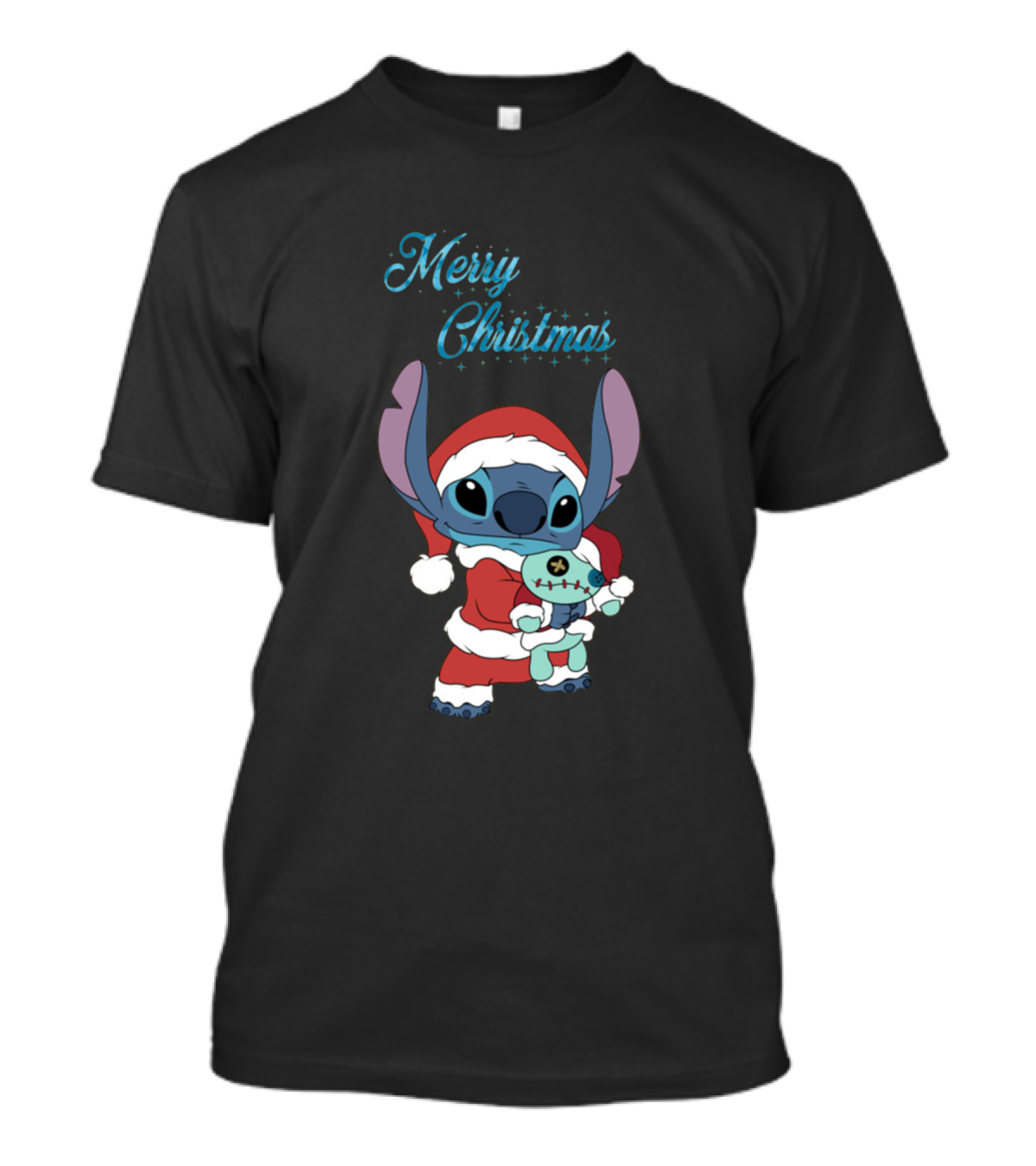 Merry Christmas Stitch Santa Outfit Holding Doll T-Shirt