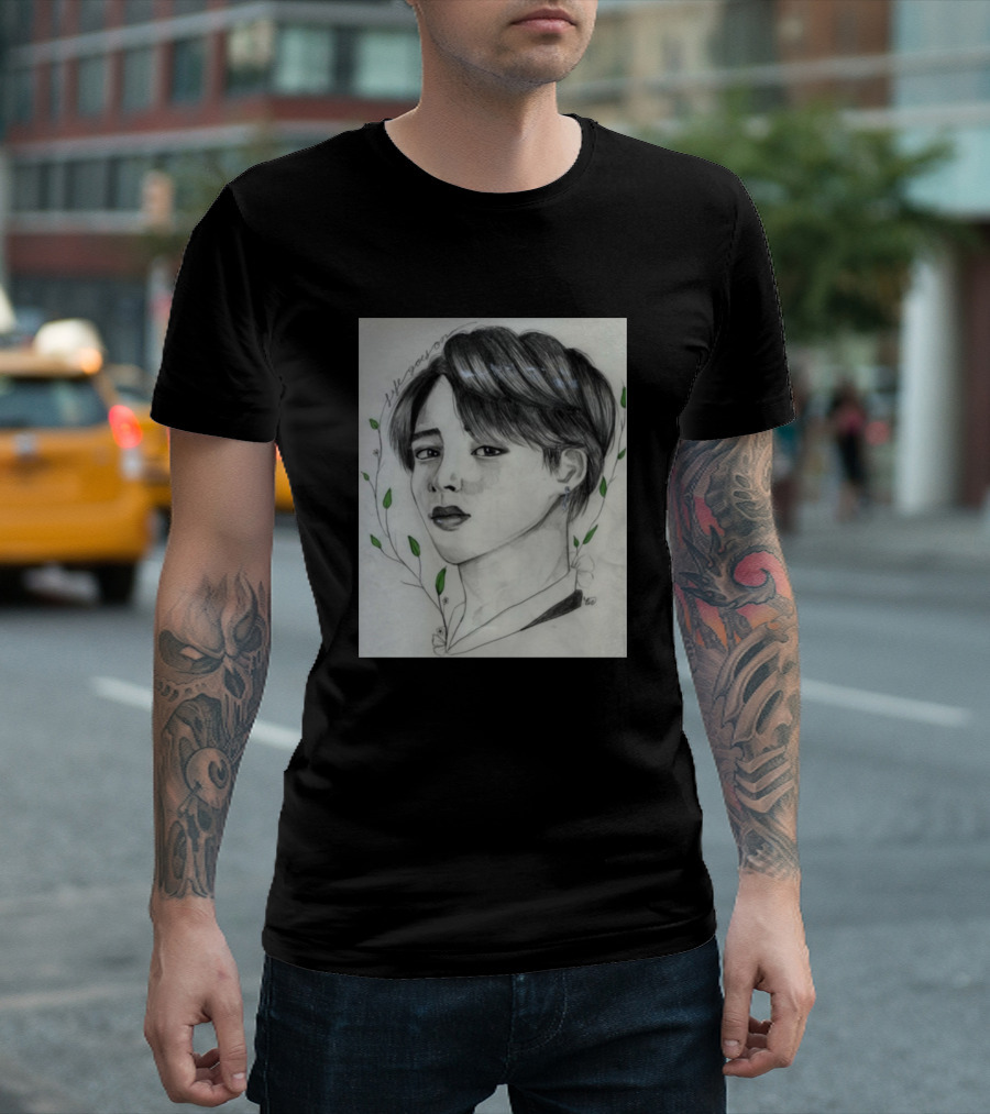 Park Jimin Hwang On Sketch Portrait with Leaf Detail T-Shirt