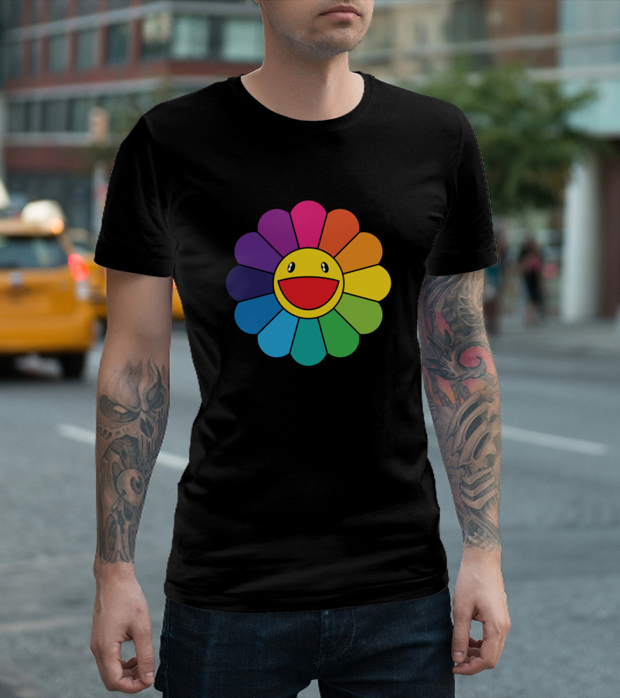 Rainbow Happy Flower Smiley Face Multicolor Petals T-Shirt