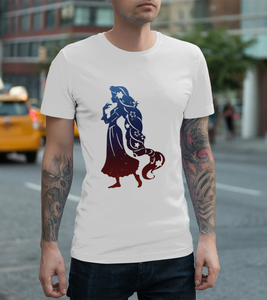 Rapunzel Galaxy Silhouette with Stars and Flowers T-Shirt