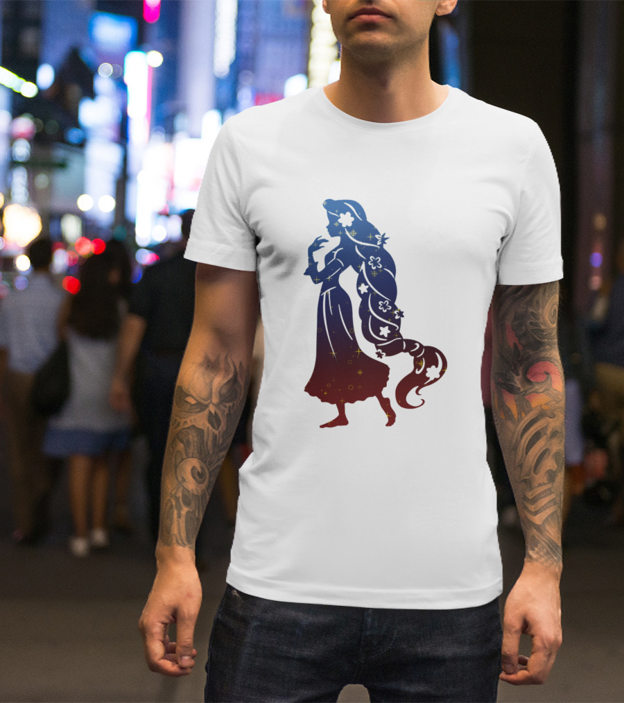 Rapunzel Galaxy Silhouette With Stars And Flowers T-Shirt