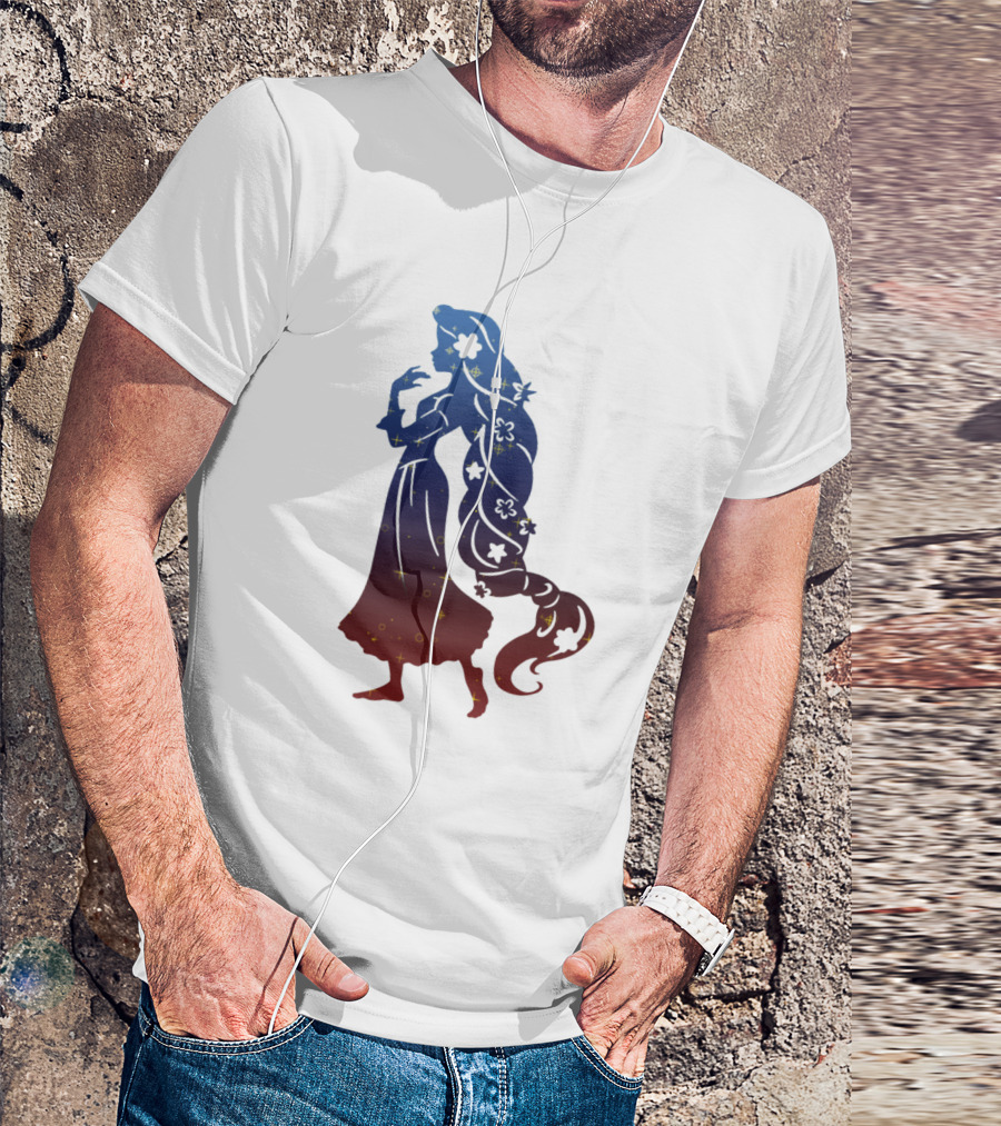 Rapunzel Galaxy Silhouette With Stars And Flowers T-Shirt