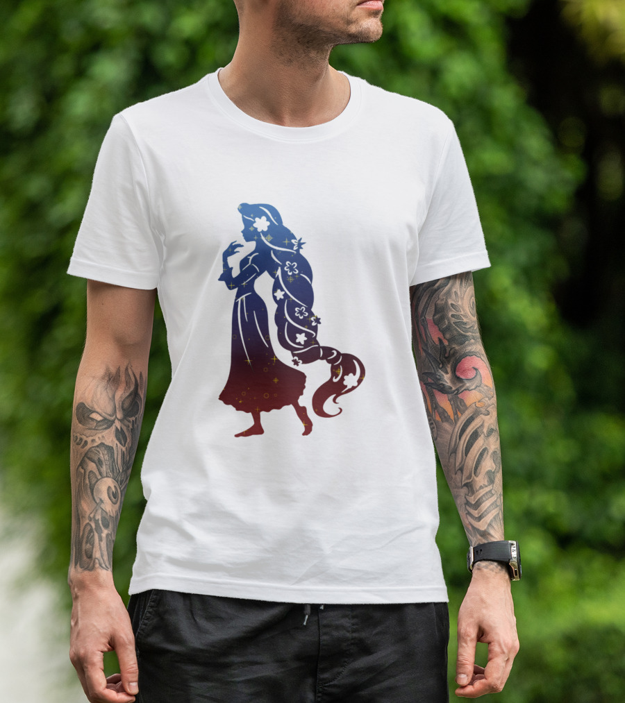 Rapunzel Galaxy Silhouette With Stars And Flowers T-Shirt