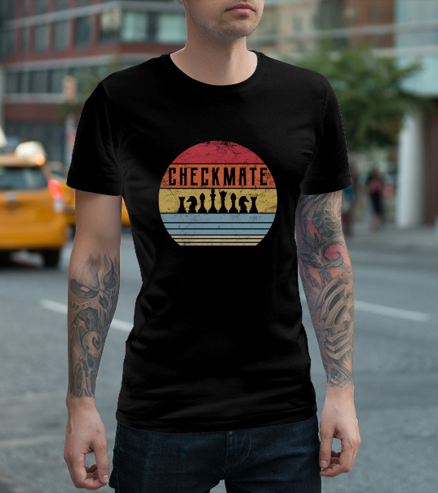Retro Checkmate Distressed Sunset Chess Pieces T-Shirt