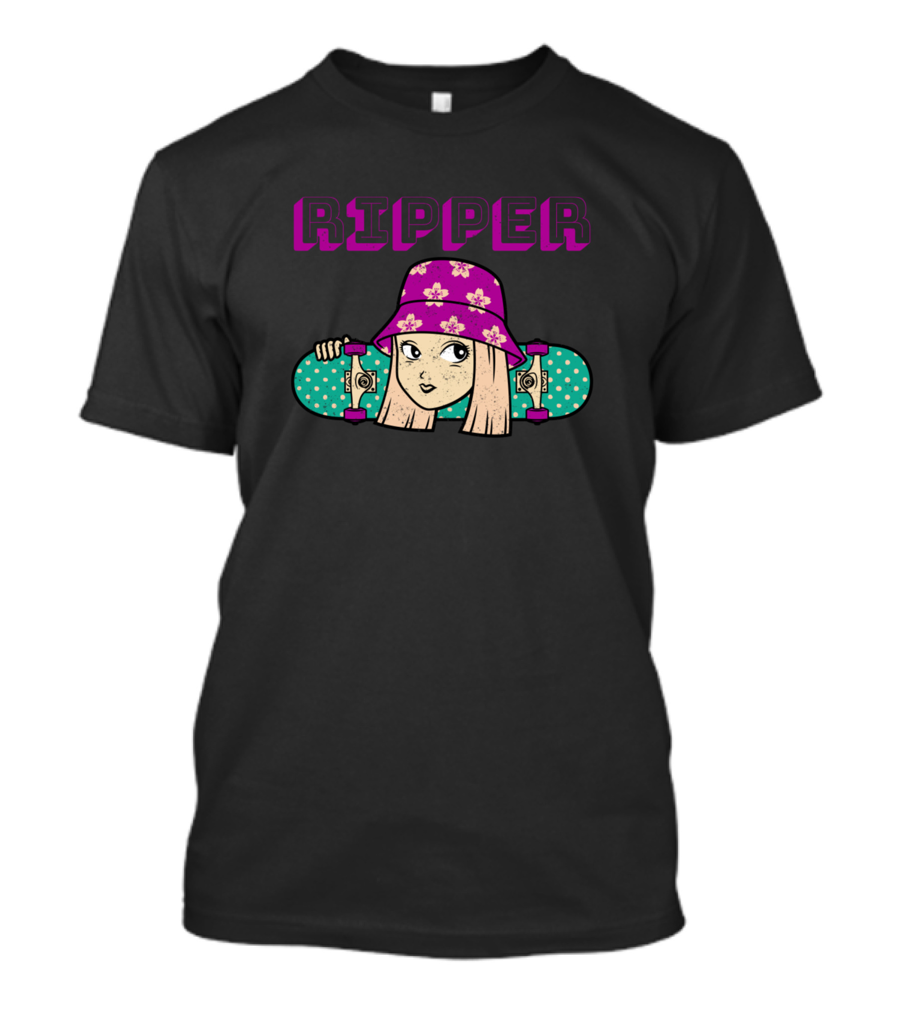 Ripper Cute Skater Girl With Floral Hat And Skateboard T-Shirt