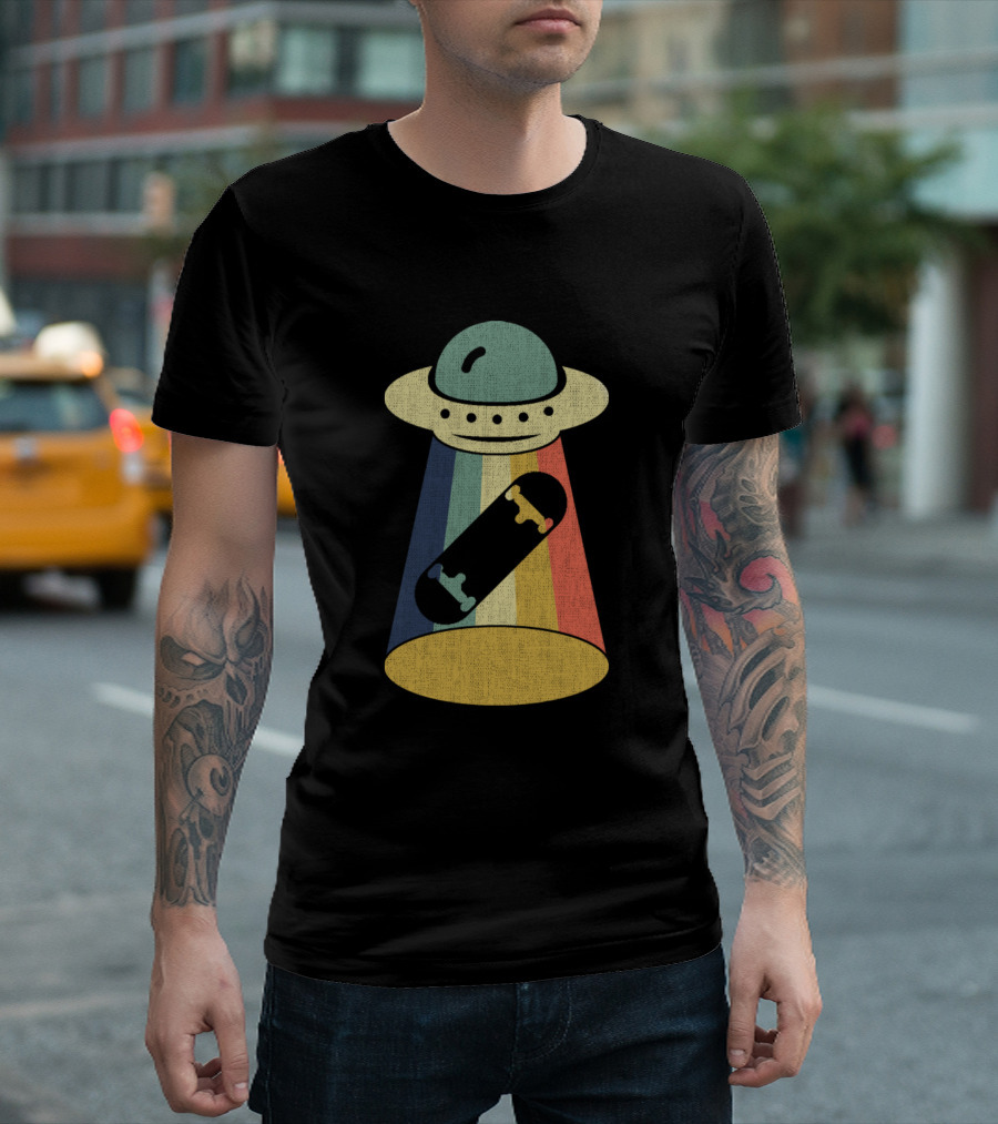 Skateboarder Experiencing UFO Abduction In Rainbow Tractor Beam T-Shirt