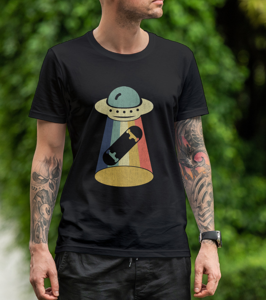 Skateboarder Experiencing UFO Abduction In Rainbow Tractor Beam T-Shirt