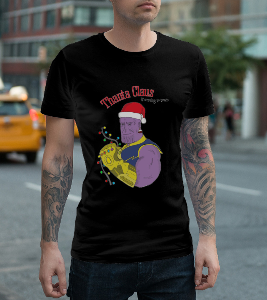 Thanta Claus Is Coming To Town Infinity Gauntlet Santa Hat Christmas Lights T-Shirt