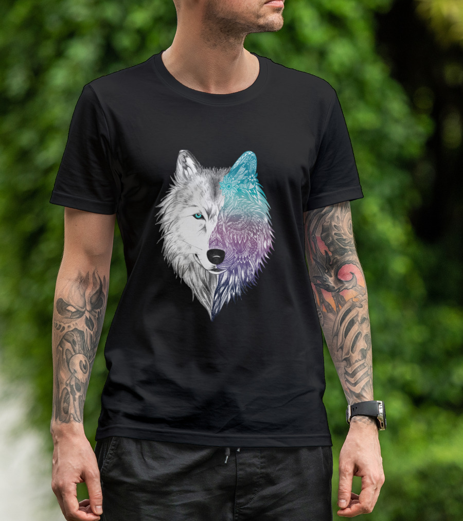 Wolf Wolf Mandala Wild Life Intricate Half-Color T-Shirt