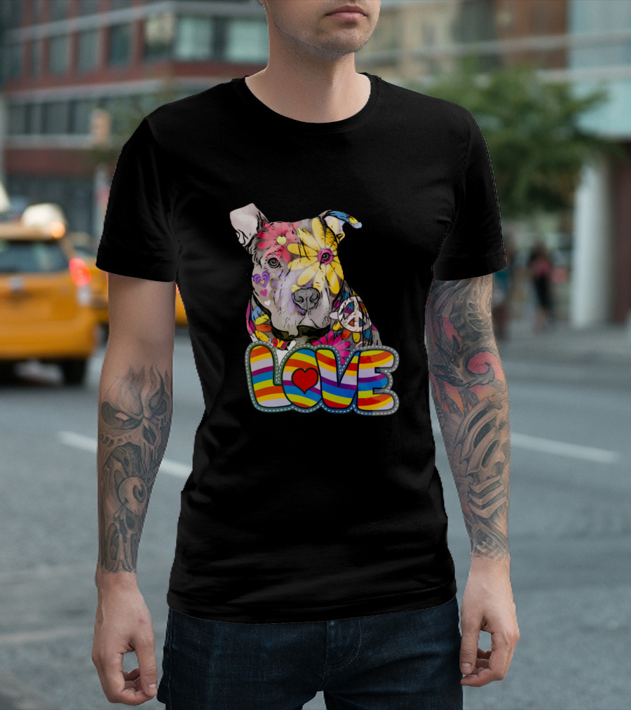 Dogs Peace Love And Pitbulls Colorful T-Shirt