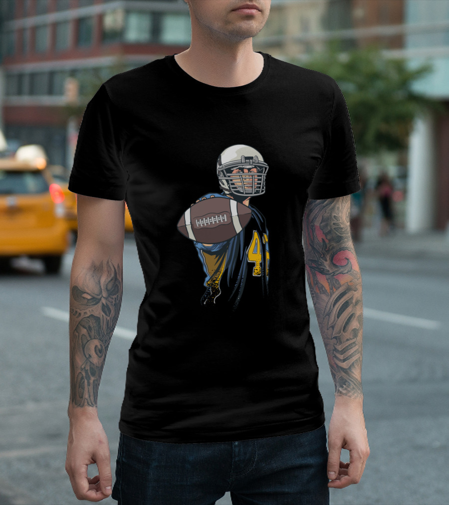 Football Player Holding Ball Wearing Number 43 Jersey Helmet T-Shirt