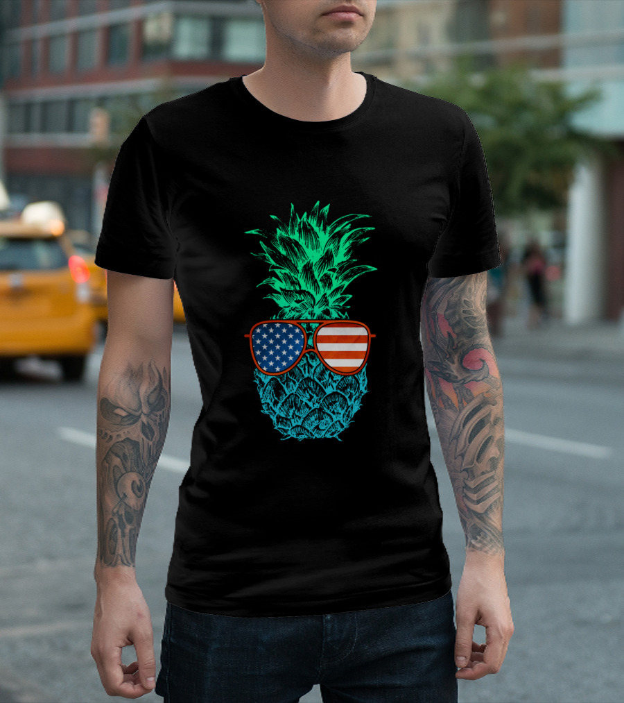 Funny Fourth Of July Pineapple Wearing American Flag Glasses Party T-Shirt
