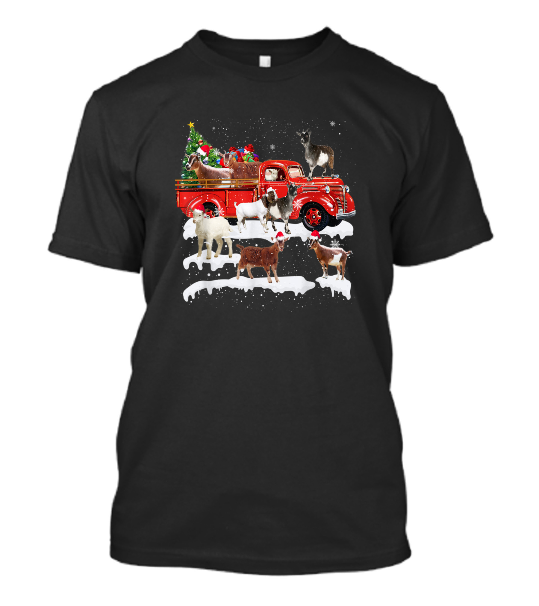 Merry Xmas Goat Riding Red Truck With Christmas Tree And Festive Cheer T-Shirt