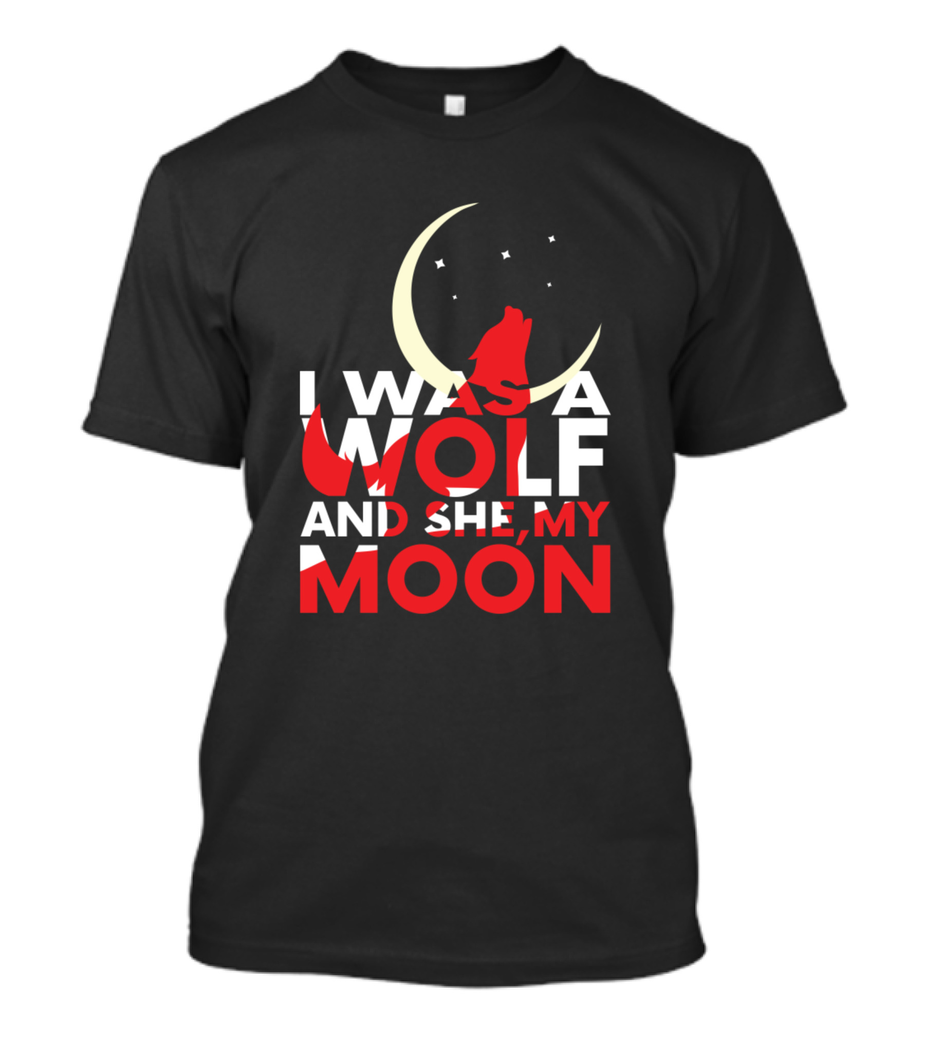 I Was A Wolf And She My Moon Red Wolf Howling Crescent Moon Stars T-Shirt