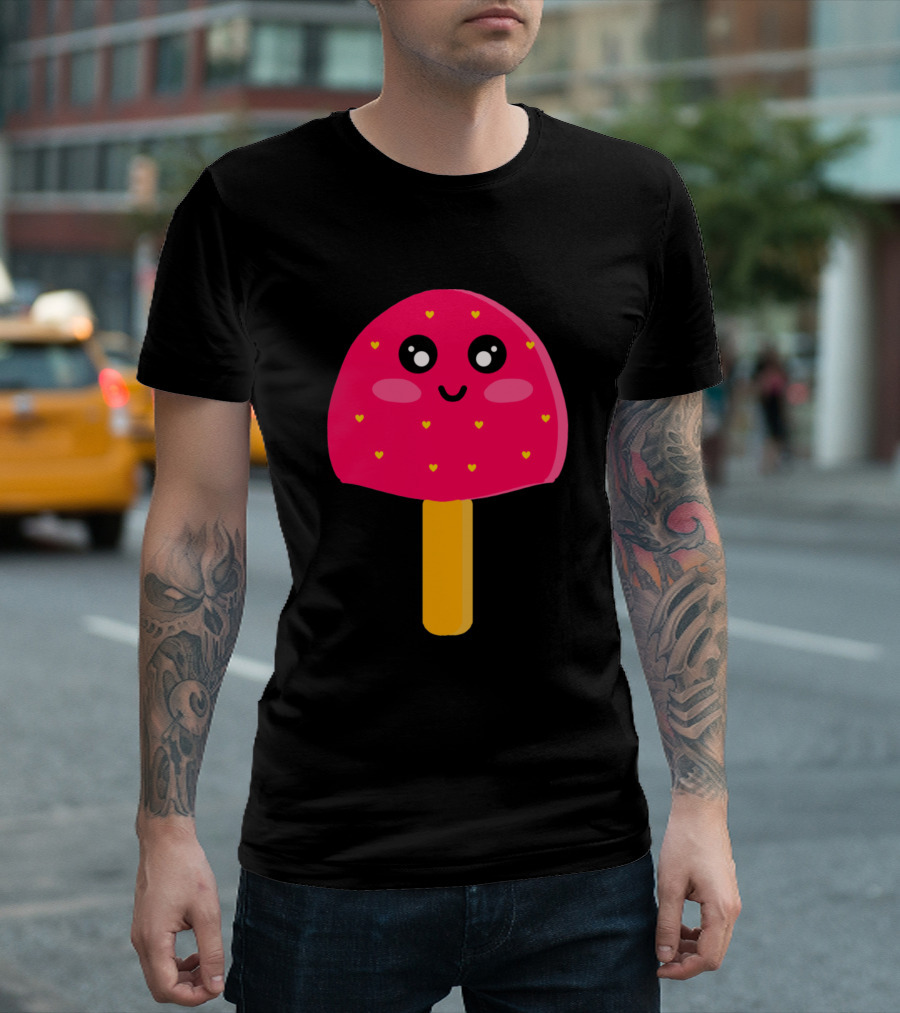 Pink Strawberry Ice Cream Cute Kawaii Heart Faces T-Shirt
