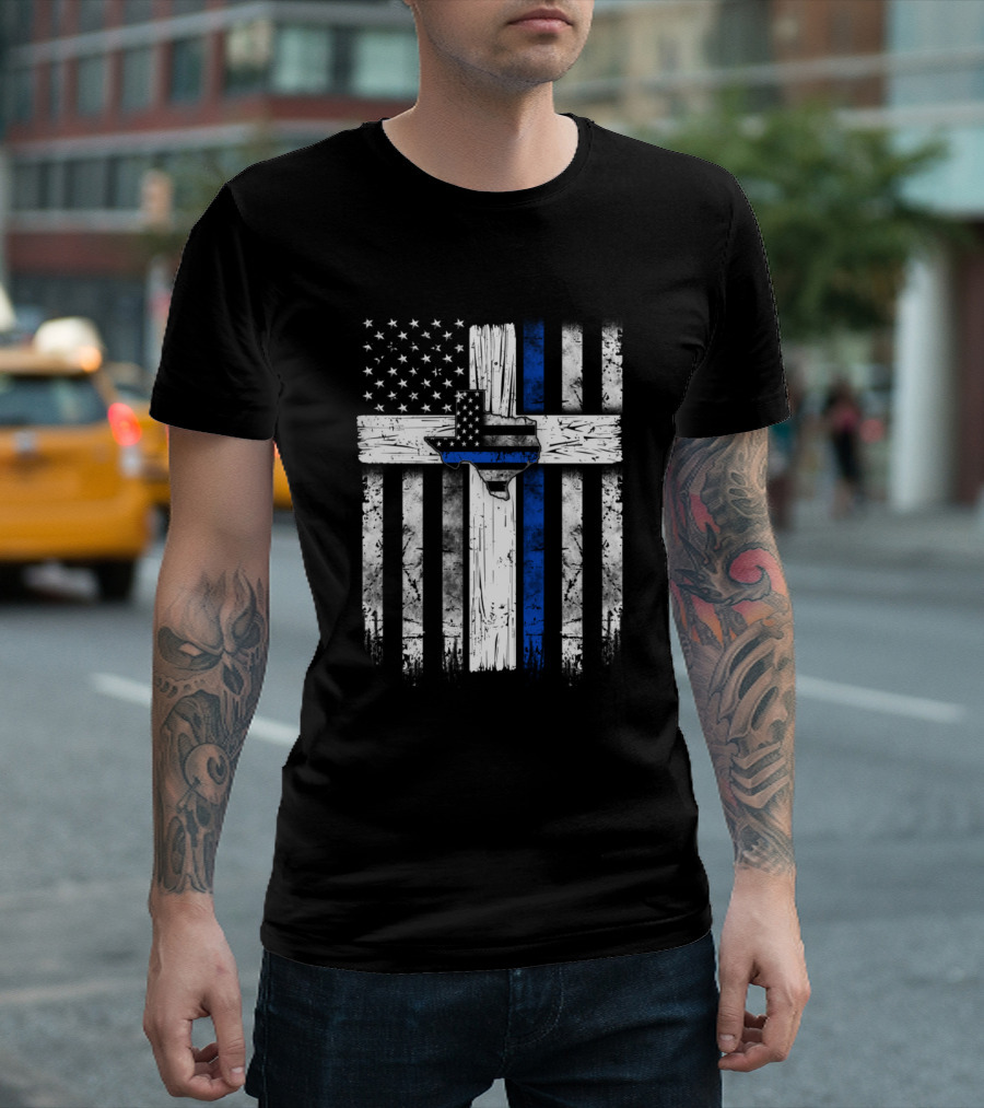 Texas Thin Blue Line American Flag Police Officer Support T-Shirt