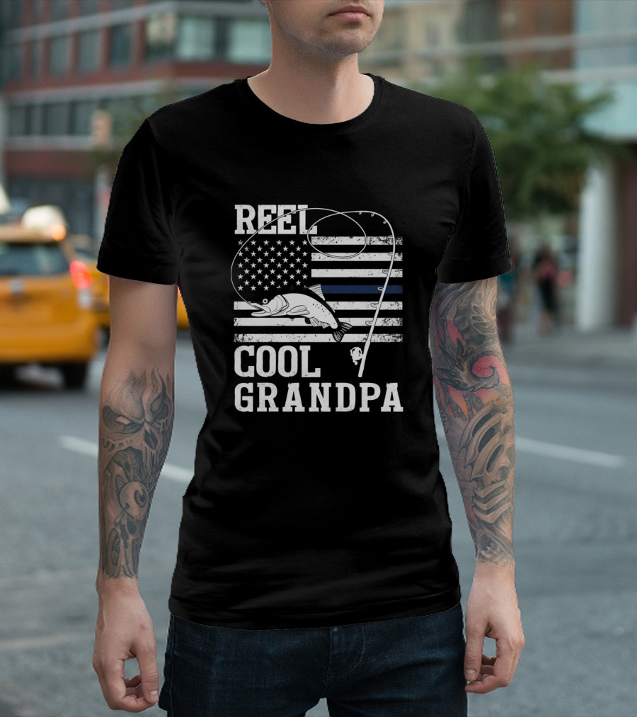Reel Cool Grandpa Fishing Rod American Flag Fish T-Shirt