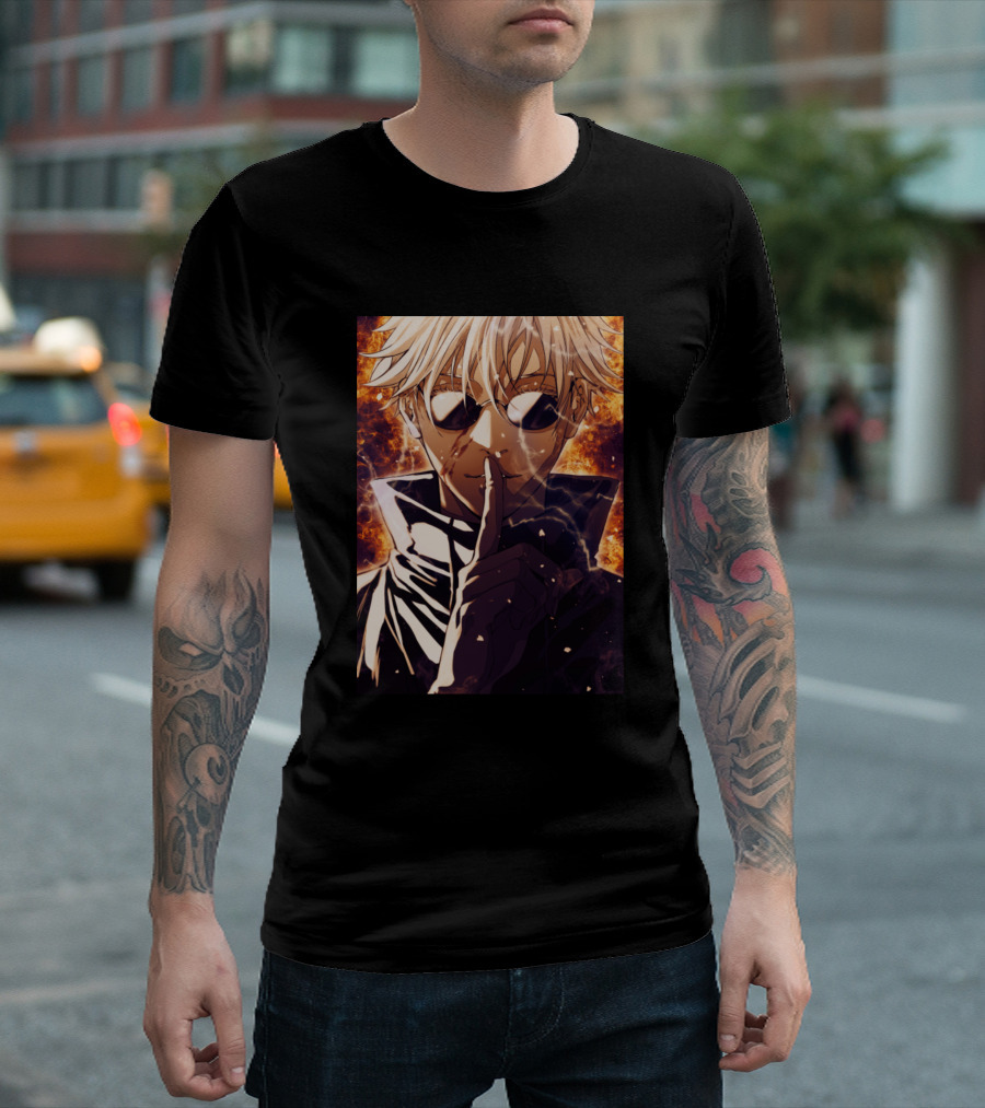 Satoru Gojou Anime Character with Fire Background T-Shirt