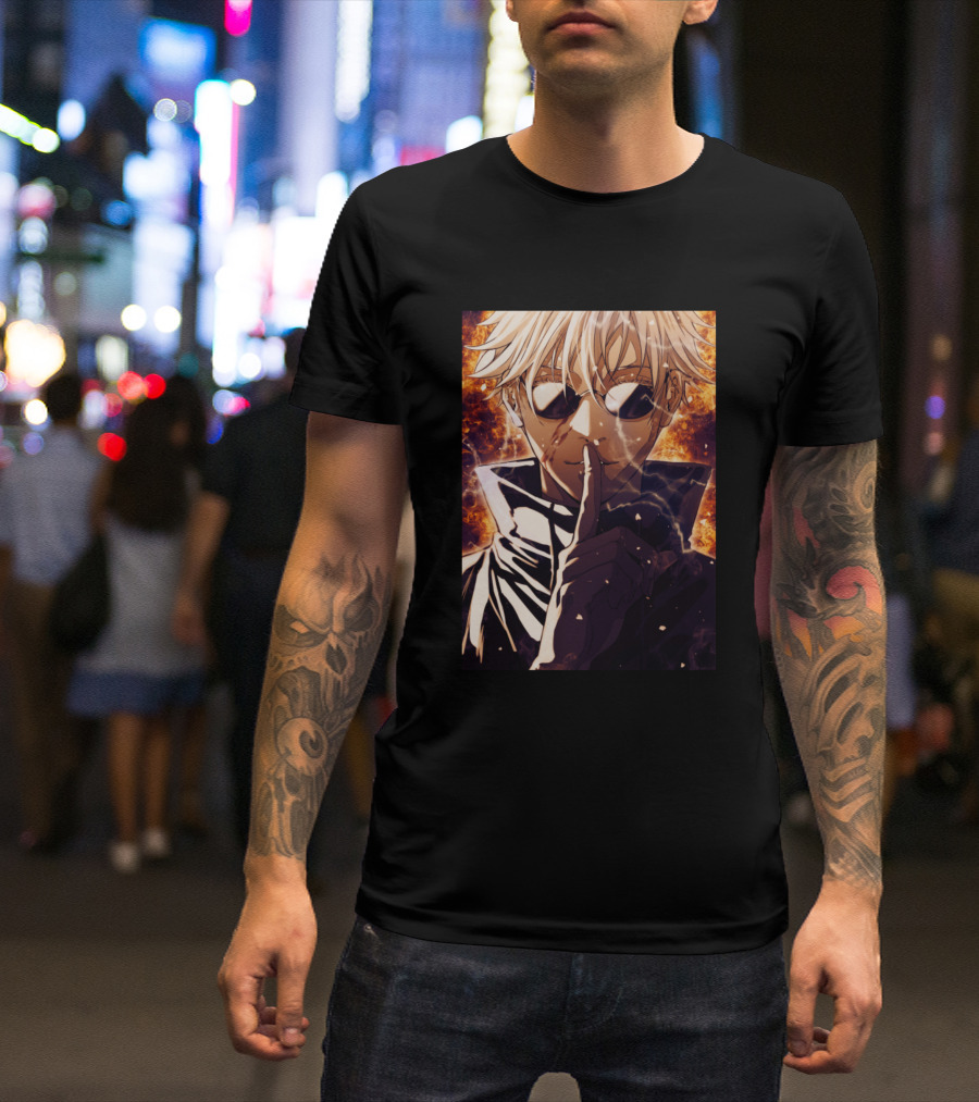 Satoru Gojou Anime Character With Fire Background T-Shirt