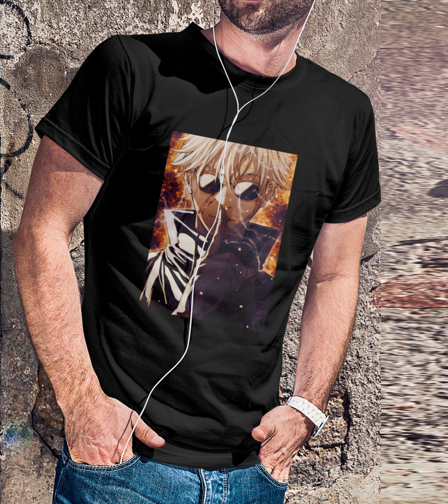 Satoru Gojou Anime Character With Fire Background T-Shirt
